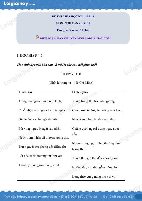 Đề thi giữa kì 1 Văn 10 Chân trời sáng tạo - Đề số 12